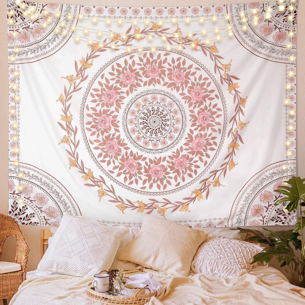 Mandala Tapestry Aesthetic,Boho Tapestry Wall Hanging,Pink Floral Medallion Tape
